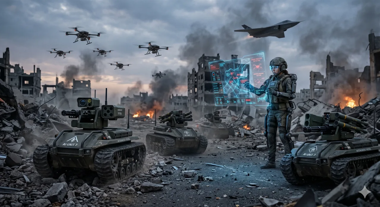 無人機・地上ロボット・兵士が展開する戦場を、AIネットワークのホログラムが束ねて分析する、智能化された戦いのイメージ
