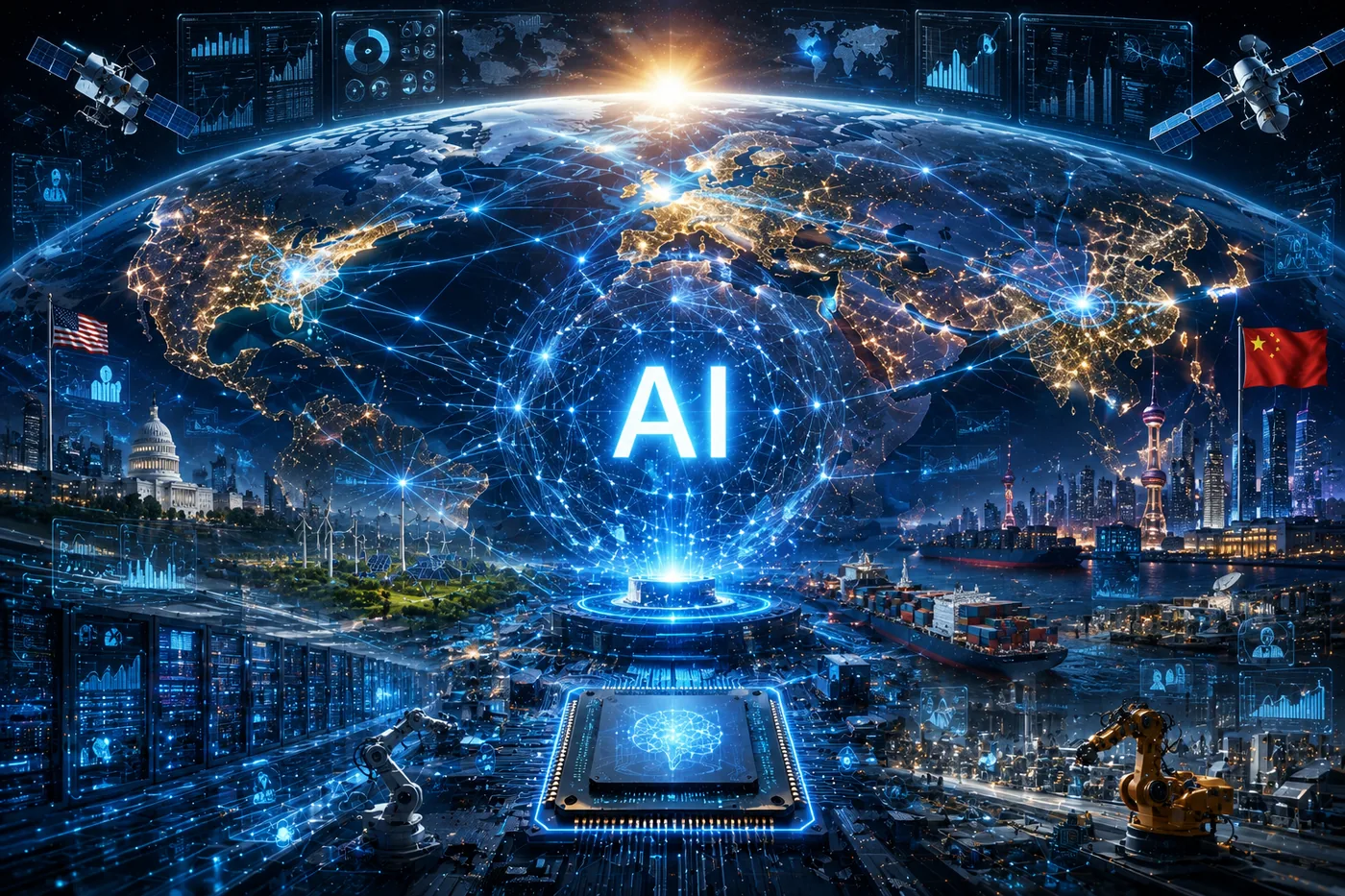 夜の地球を覆うAIネットワーク。左に米国（議事堂・国旗）、右に中国（都市・国旗）、中央にAIチップと衛星が配置された、グローバルなAI競争のイメージ