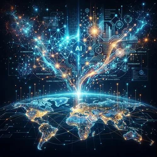 AIとデータの光の線が地球上を国境を越えて結ぶ、グローバルなネットワークのイメージ