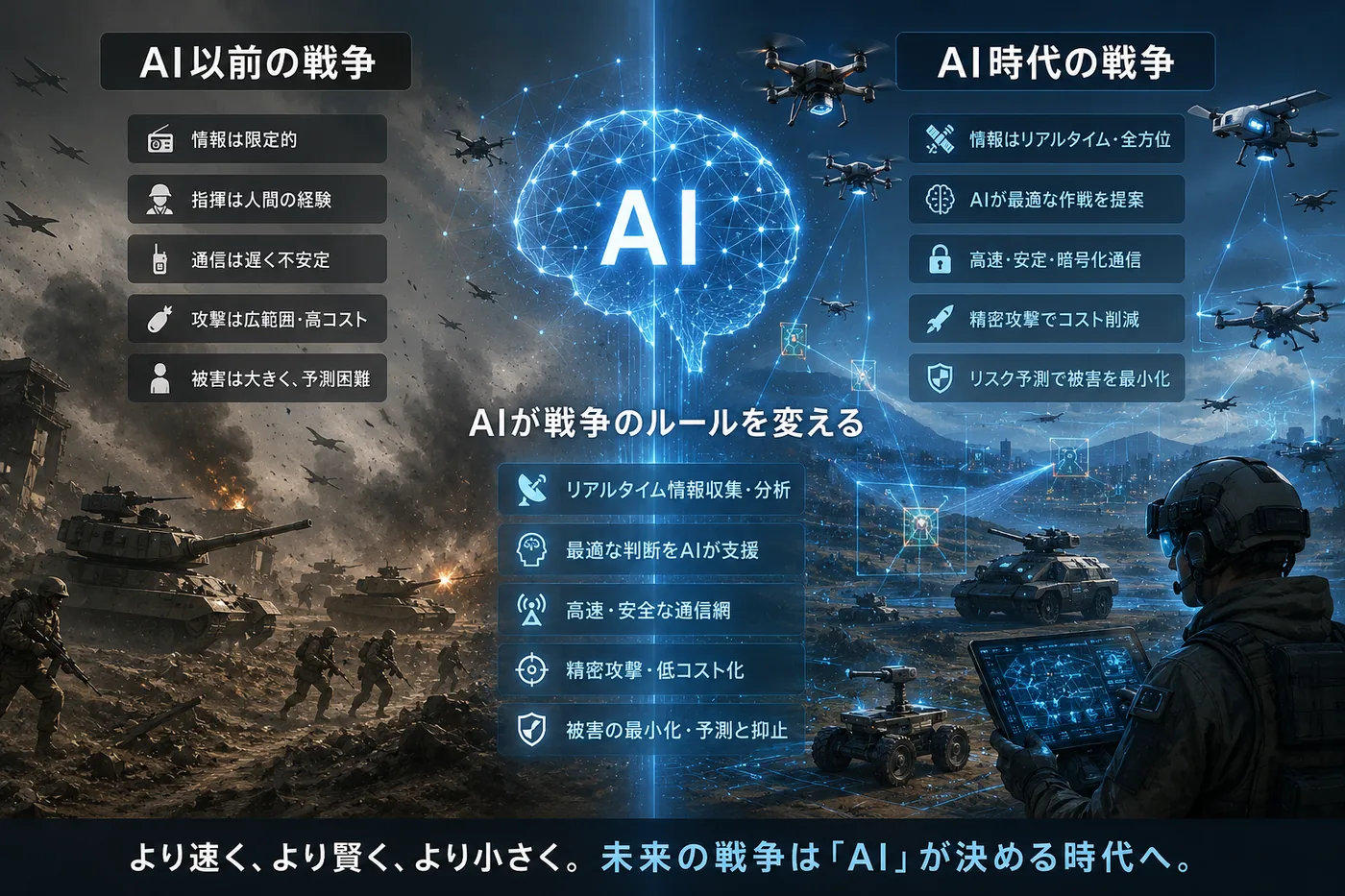 「AI以前の戦争」と「AI時代の戦争」を左右で比較し、AIが情報収集・判断・通信・精密攻撃・被害最小化を変えることを示した要点まとめのインフォグラフィック