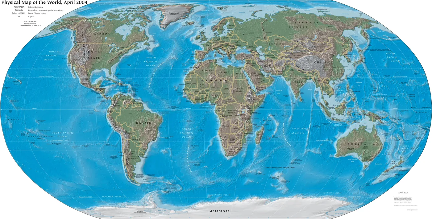 主要国と海洋を記した一般的な世界地図（地形図）