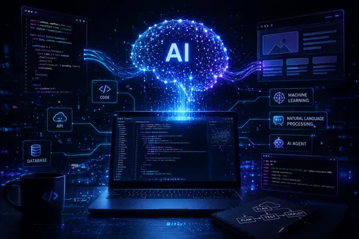 コード画面と「AI」のロゴが光るデジタル都市