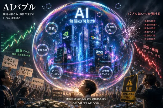ビルやデータを内包して膨らむ巨大な球体——“AIバブル”の象徴