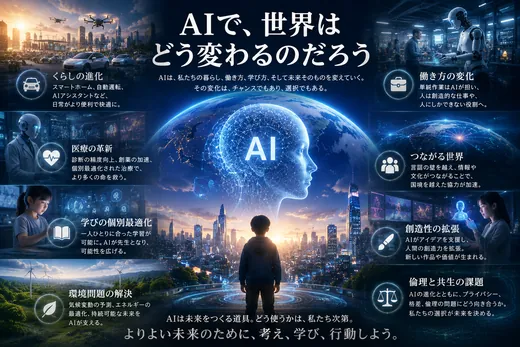 頭部のシルエットと地球が重なる「AIが世界を変える」概念図