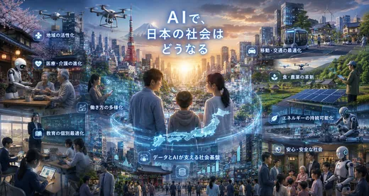 ドローンが行き交う、AI時代の日本社会コラージュ