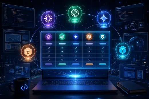 ノートPCの上に浮かぶAIアイコンと光のパネル