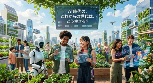 地図を手にした女性と、渦を巻く未来都市