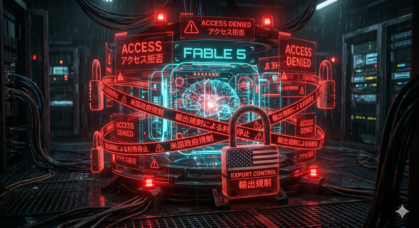暗いデータセンターで、最強AI『FABLE 5』のコアが、赤く光る『ACCESS DENIED／輸出規制／EXPORT CONTROL』の鎖と南京錠で丸ごと封じ込められている、強制停止を表すイメージ