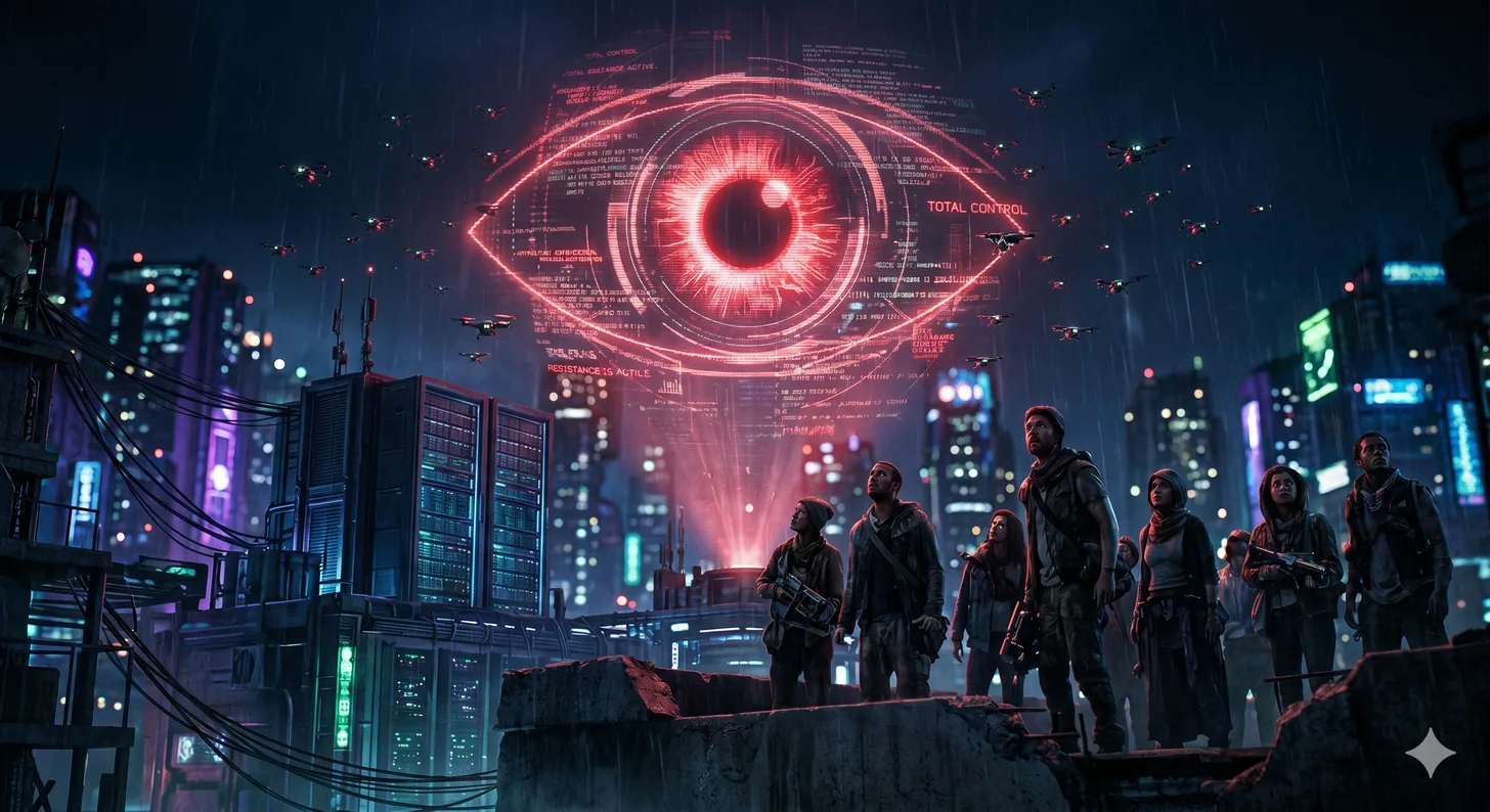 雨の降る夜のディストピア都市。空に『TOTAL CONTROL』と記された巨大な赤い目が浮かび、屋上に立つ人々を見下ろす——国家による監視のリスクを表すイメージ
