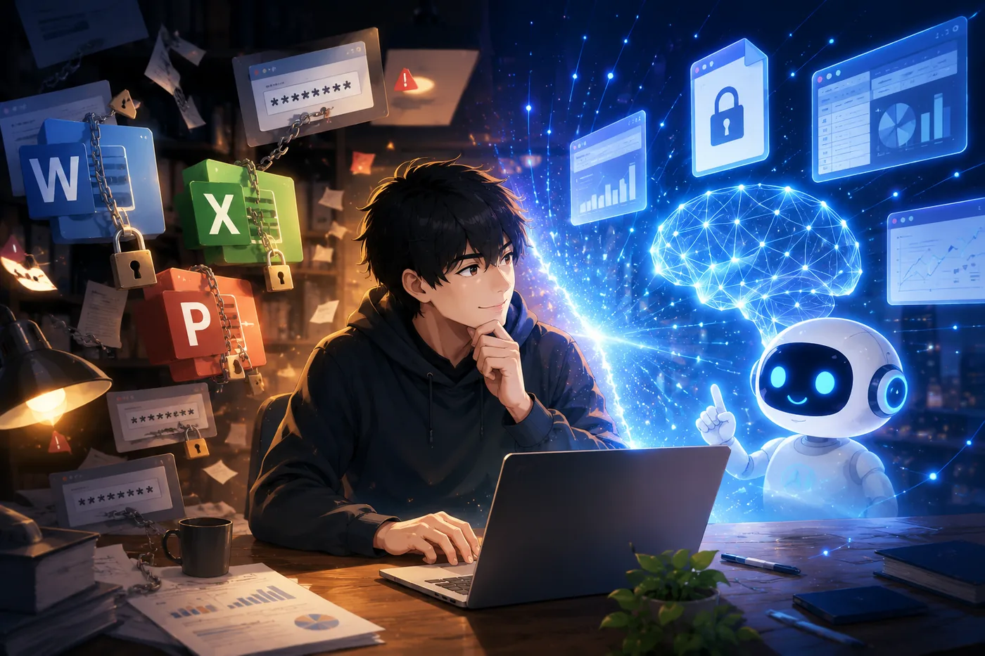 ノートPCに向かう青年のそばにAIの頭脳と白いロボット、外部サービスや鍵付きファイルが浮かぶアニメ調イラスト