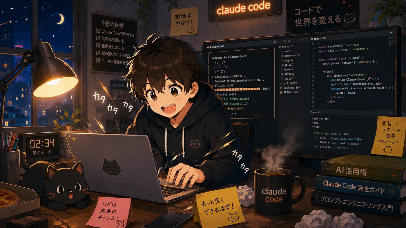 ターミナルでClaude Codeと対話しながら設定を切り替える少年のアニメ調イラスト