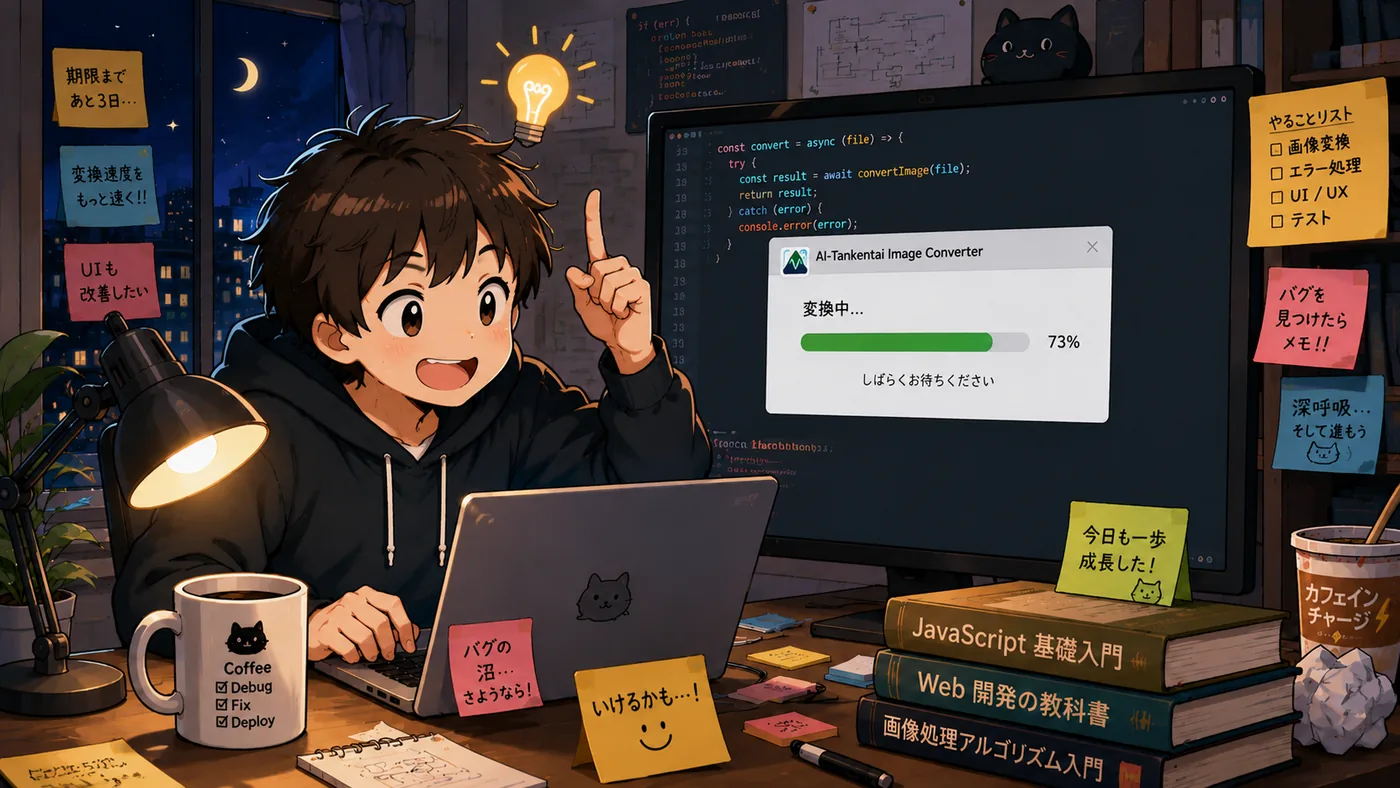 付箋やメモを手に、AIを自分仕様に仕込んでいく少年のアニメ調イラスト
