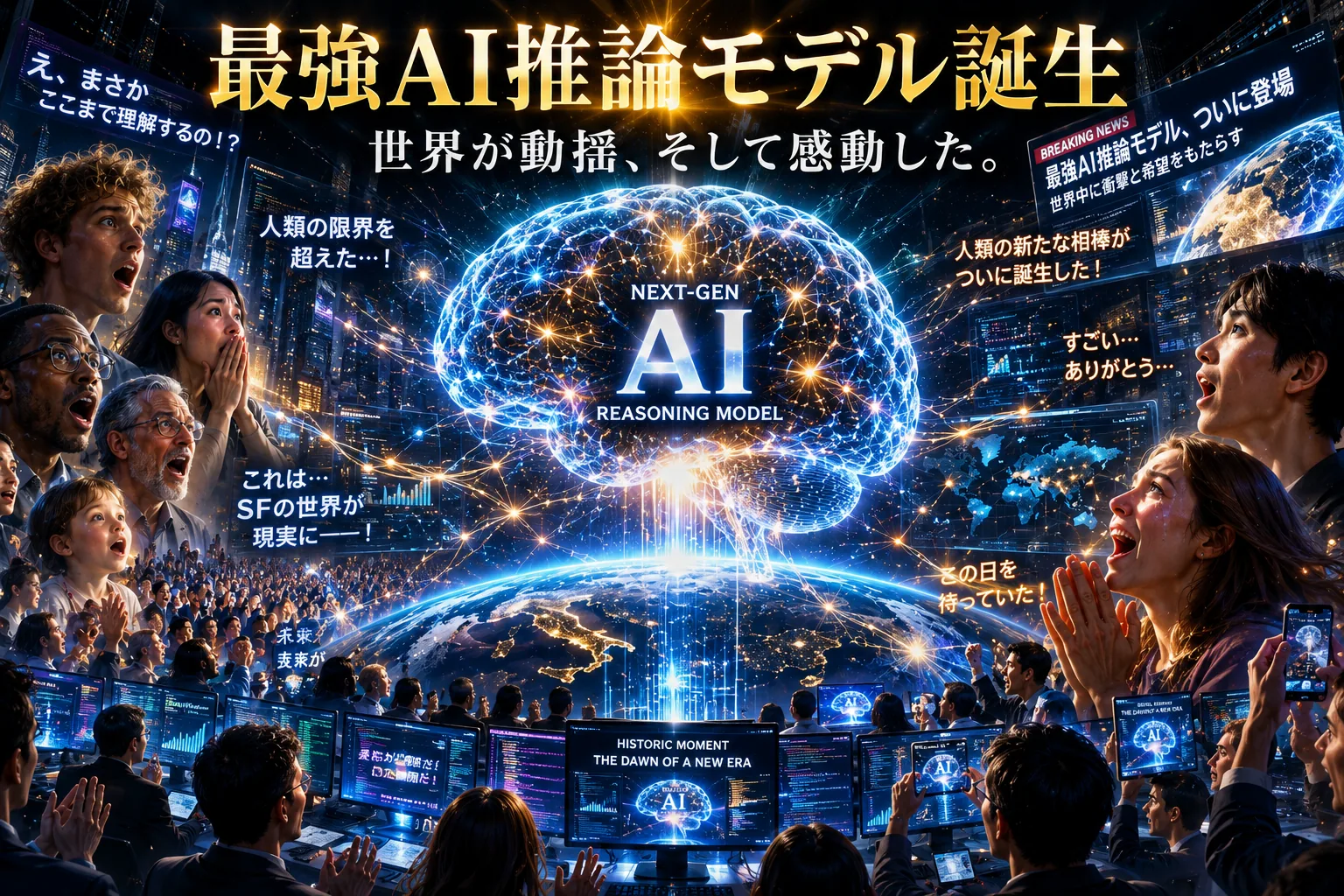 「最強AI推論モデル誕生」の見出しとともに、光るAIの頭脳を見上げて沸き立つ大観衆を描いたイメージ