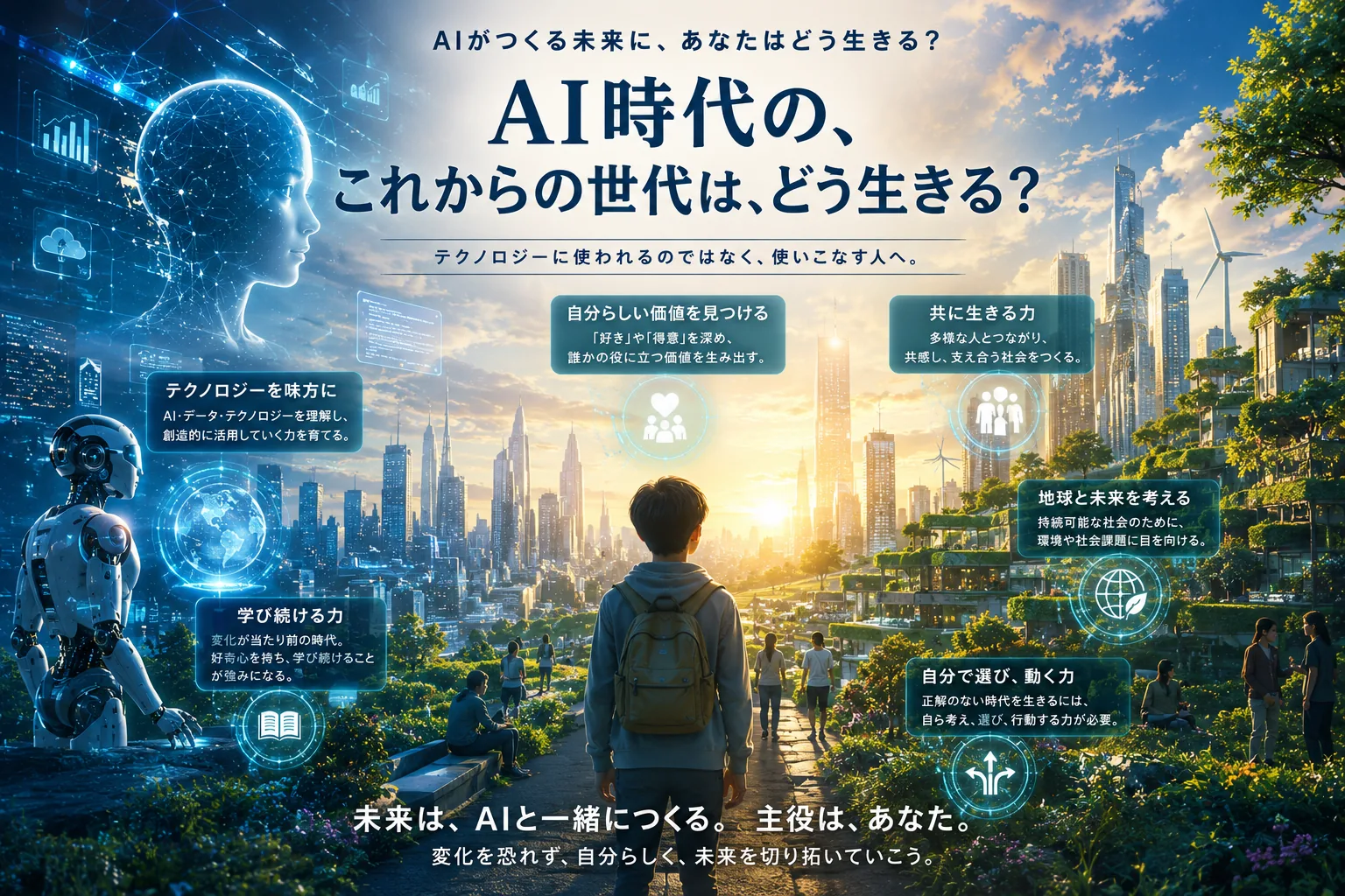「AI時代の、これからの世代は、どう生きる？」の言葉とともに、緑の丘から未来の街を見渡す人のイメージ