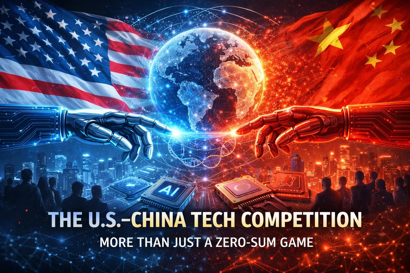 米国と中国の国旗を背に対峙するAIを描いたイメージ