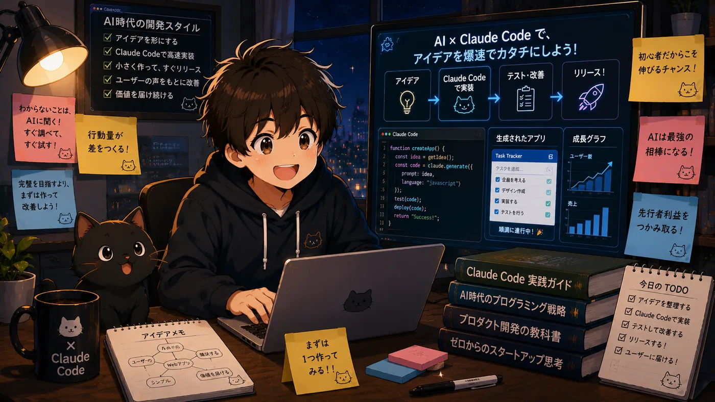 夜の机で笑顔でノートパソコンに向かう運営者の少年と黒猫。付箋・実践ガイド本・コードの画面に囲まれた“設定して相棒と並走する”実践の情景