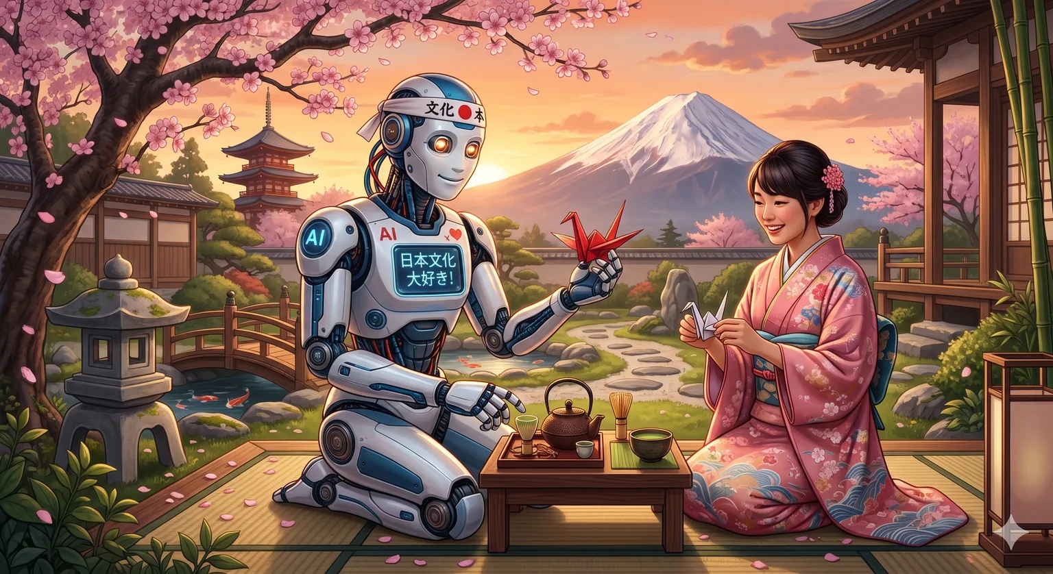 日本庭園の茶室で、胸に「日本文化 大好き！」と表示したロボットが、着物姿の女性と折り鶴を交わしている。遠景に富士山と五重塔、満開の桜が広がるイメージ