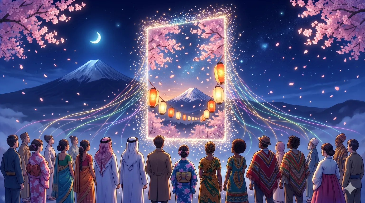 光の粒でできた大きな鏡の前に、世界中のさまざまな民族衣装の人々が集まって見上げている。鏡の中には富士山と桜、提灯の灯る祭りの情景が穏やかに映っているイメージ